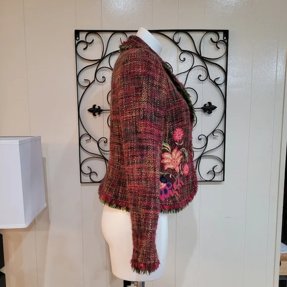 Floral Plaid Wool Blend Women's Blazer Size10 Fringe Classic Jacket - Picture 2 of 15
